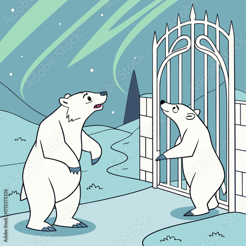 Illustration of two polar bears standing near a gate in a snowy landscape with aurora borealis in the background, creating a whimsical and enchanting winter scene
