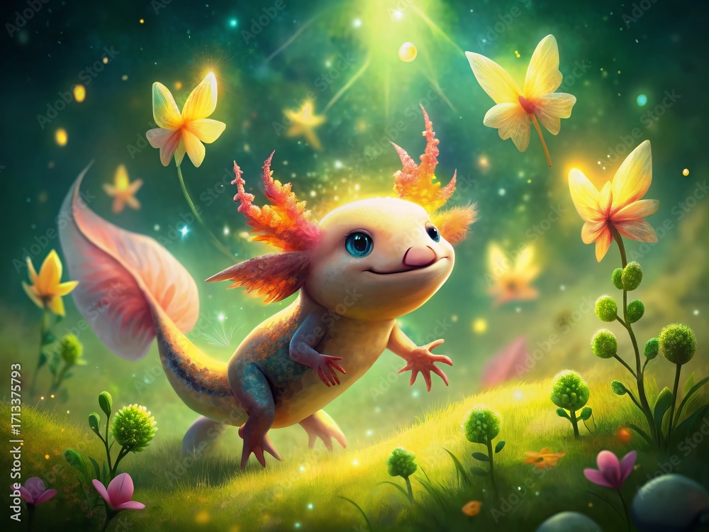 Naklejka premium Happy Axolotl Chasing Butterflies in Magical Meadow - Serene Children's Book Illustration