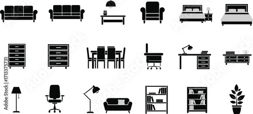 A collection of black and white furniture icons including sofas beds tables chairs and storage units