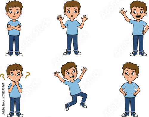 Cartoon boy showing different emotions and gestures, happy, surprised, confused, angry, excited, standing, animated character, expressive face, vector illustration