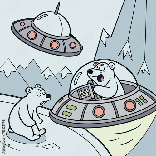 Vector art of a surprised polar bear watches as another flies a ufo over a snowy, mountainous landscape, creating a whimsical and unexpected arctic encounter