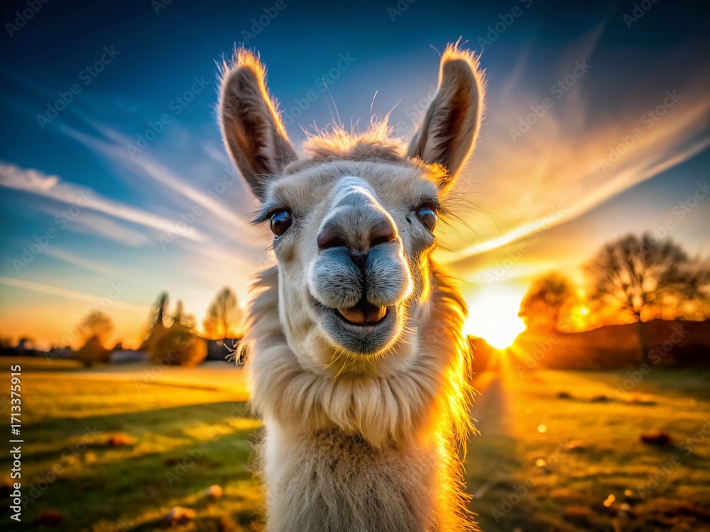 Obraz premium Happy Llama Macro Portrait: Golden Hour, Wide Angle, Adorable Paws