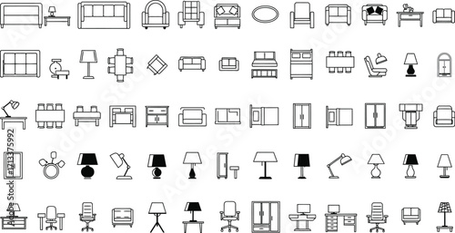 A collection of furniture icons including sofas tables chairs beds and lighting fixtures in black and white