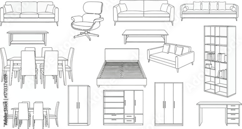Outline drawing of various furniture pieces including sofas chairs and tables and storage units