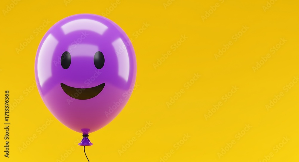 Fototapeta premium A single purple balloon with a smiley face floats against a vibrant yellow background.
