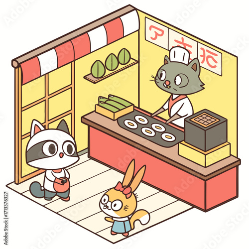 Vector art of isometric illustration of a cat selling dango to a raccoon and a fox cute animals cartoon characters japanese traditional sweets