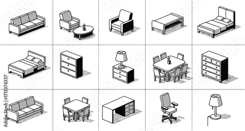 Isometric furniture set featuring sofas beds tables chairs and storage units in black and white style