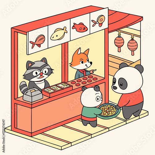 Vector art of isometric illustration of a raccoon and a fox selling takoyaki to a panda bear and its child at a food stall cute animals cartoon characters