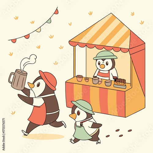 Vector art of penguin is running with a mug of coffee, another is following him, and one is selling coffee at the stall vector art illustration