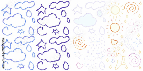 Collection of hand drawn weather icons and celestial shapes in pastel colors