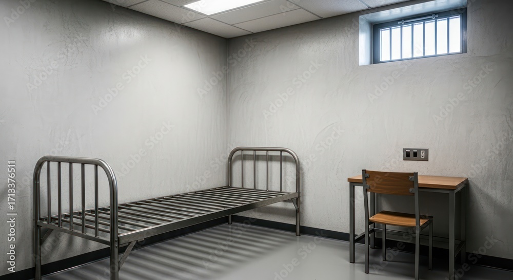 Fototapeta premium Austere confinement chamber featuring a metal bed, desk and barred window symbolizing imprisonment