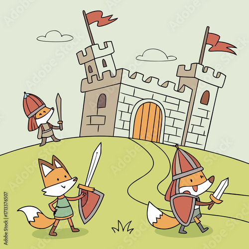 Vector art of three cartoon foxes are guarding a castle, with two holding swords and shields the castle is on a hill, and there are clouds in the background