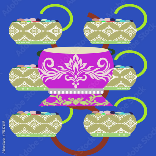 Thai-style decorative bowl vector with floral ornaments. Ideal for cultural design, traditional art, and decoration.
