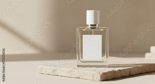 Elegant square glass perfume bottle with white cap and blank label, placed on natural stone pedestal with warm sunlight shadows.
