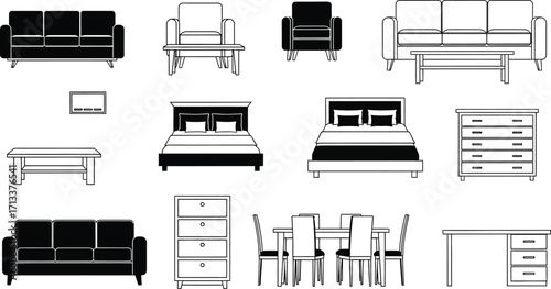 Illustration of various furniture items including sofas beds tables chairs and storage units on white