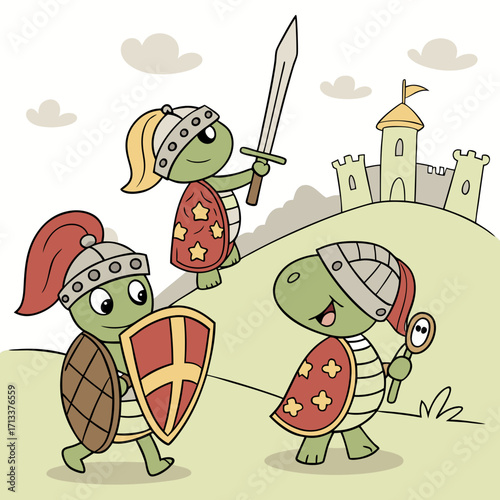 Vector art of three turtle knights are walking in front of a castle, they are wearing helmets, shields and swords, cartoon style illustration, vector illustration