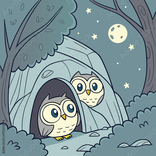 Vector art of two adorable owls nestled in a cozy tree hollow under the moonlight, surrounded by stars, a peaceful night scene in the woods, a charming illustration for kids
