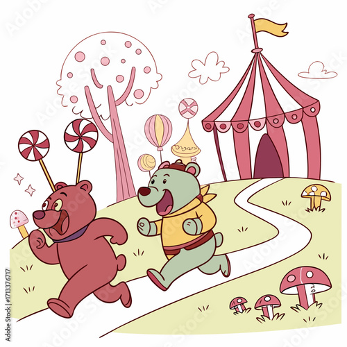 Vector art of two cartoon bears running towards a circus tent happy bear characters having fun in a whimsical landscape, vector illustration