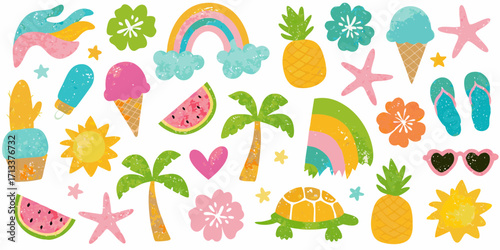 Vibrant summer vacation icons featuring palm trees sun ice cream watermelon rainbow and tropical elements
