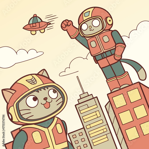 Vector art of two cartoon cats dressed as astronauts are in the city, one is flying in the sky and the other is standing on the building, with a spaceship flying in the background