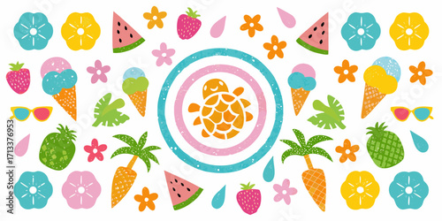 Cute summer pattern with turtle ice cream watermelon strawberries flowers and sunglasses
