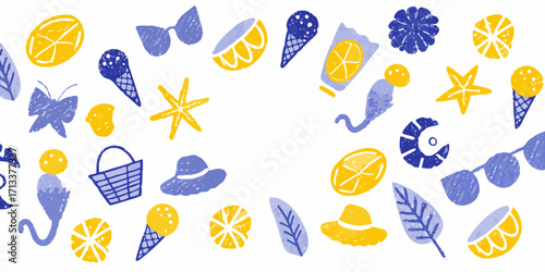 Whimsical summer pattern with lemons ice cream sunglasses hats and beach elements