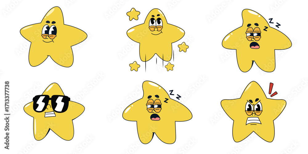 Obraz premium Fun Cartoon Yellow Star Character with Expressive Face and Different Mood Set