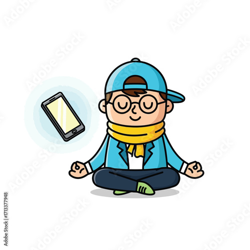 Mindful Cartoon Meditator Young character in lotus pose practices digital detox, finding serenity and inner peace while a smartphone floats by, symbolizing tech-free focus