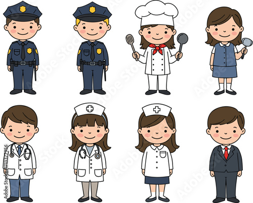 Cartoon Children in Different Jobs, Police Officer, Chef, Nurse, Doctor, Teacher, Professional Careers, Kids Dress Up, Occupational Roles, Education and Work