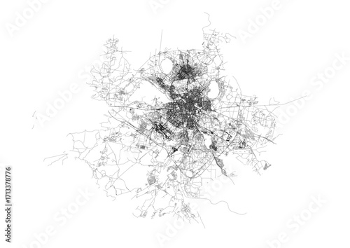 A clean black and white vector map highlighting Yekaterinburg's highway system and major urban road networks.