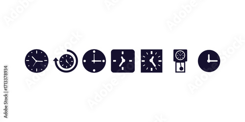 Set of clock and watch vector icons including analog and digital styles for time management, scheduling, reminders, countdowns and productivity-related designs