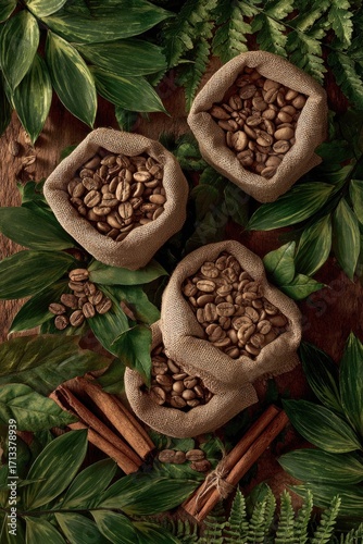 Wallpaper Mural Three burlap sacks filled with coffee beans, nestled amongst lush green foliage and cinnamon sticks, create a rich and inviting still life composition. Torontodigital.ca