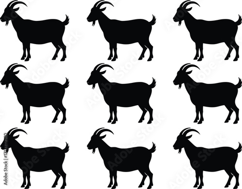 Goat silhouettes, livestock icons, farm animal graphics, black goat pattern, side profile goats, horned animal design, rural symbols, nature illustration, agriculture visuals, goat herd
