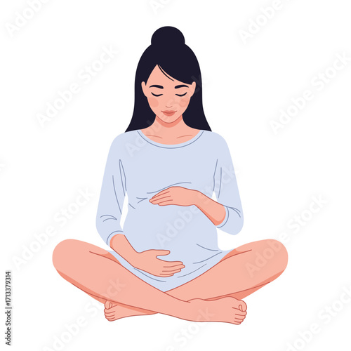 A serene illustration of a pregnant woman sitting cross-legged, gently holding her belly, with eyes closed.