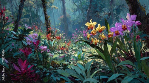Vibrant Tropical Forest Garden with Orchids and Flowers