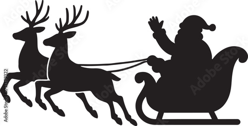 Santa Claus with reindeers silhouette delivering Christmas gifts