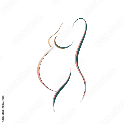 An elegant, minimalist line art illustration of a pregnant woman's silhouette against a white background.