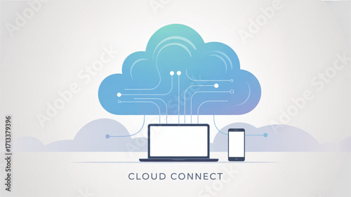 Cloud computing network connection technology for data storage and sharing concept laptop and mobile phone