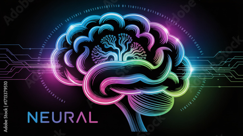 Neural network ai brain technology concept with digital circuit and binary code background design vector