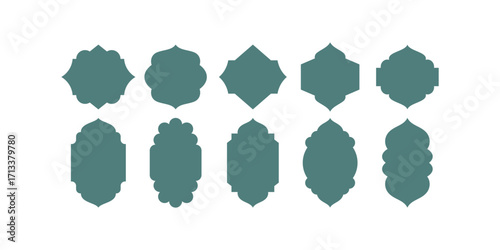 A decorative set of Islamic shape silhouette borders with colored outlines, elegant Arabic frames, luxury design elements, and traditional text box ornamentation for cultural themes