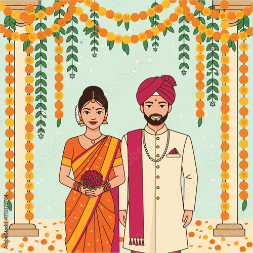 Indian couple celebrating wedding ceremony with marigold decorations