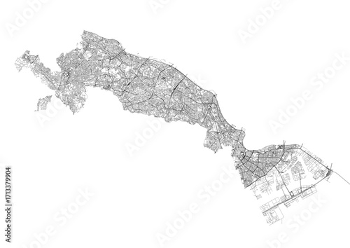 A detailed black and white vector map of Kawasaki city's highway network and major urban roads.