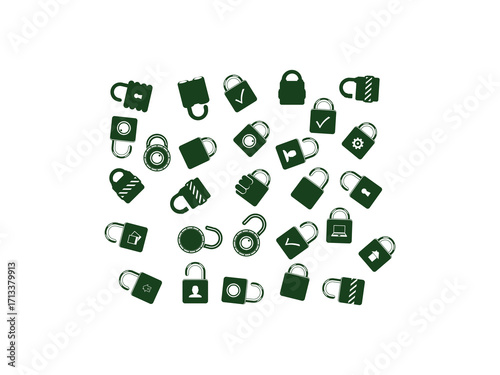 A modern set of padlock vector icons in silhouette style showing locked and unlocked security symbols, privacy protection concepts, and secure digital access design