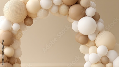 A semi-circular arch constructed from numerous off-white, beige, and light-brown spheres, creating a minimalist, elegant backdrop against a matching muted background
