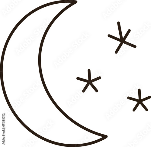 a black and white drawing of a crescent with stars