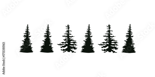A diverse set of tree silhouettes in various shapes and types, including deciduous and evergreen forms, isolated on a white background for natural, botanical, and landscape design
