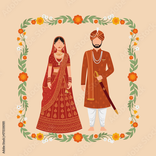 Indian wedding couple in traditional attire under floral arch