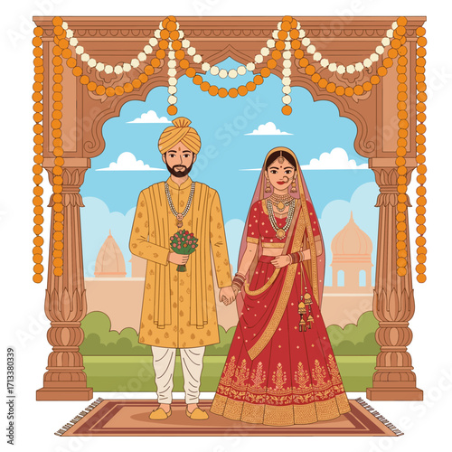 Joyful Indian wedding couple holding hands under mandap