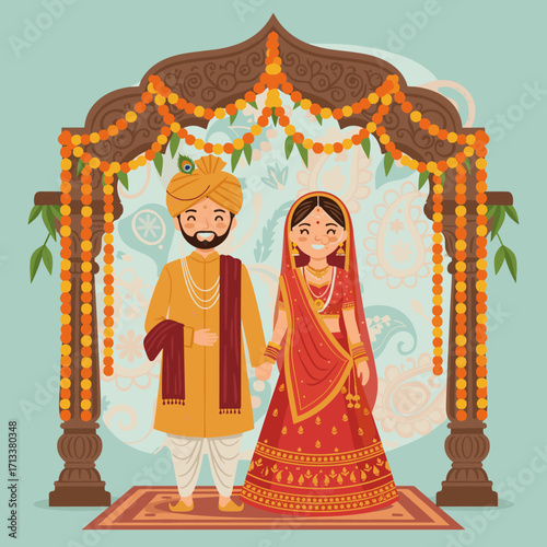 Joyful Indian wedding couple celebrates union in ornate mandap