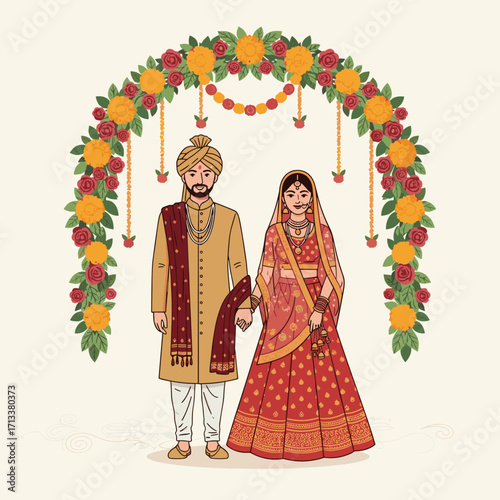 Indian wedding couple in traditional attire under floral arch
